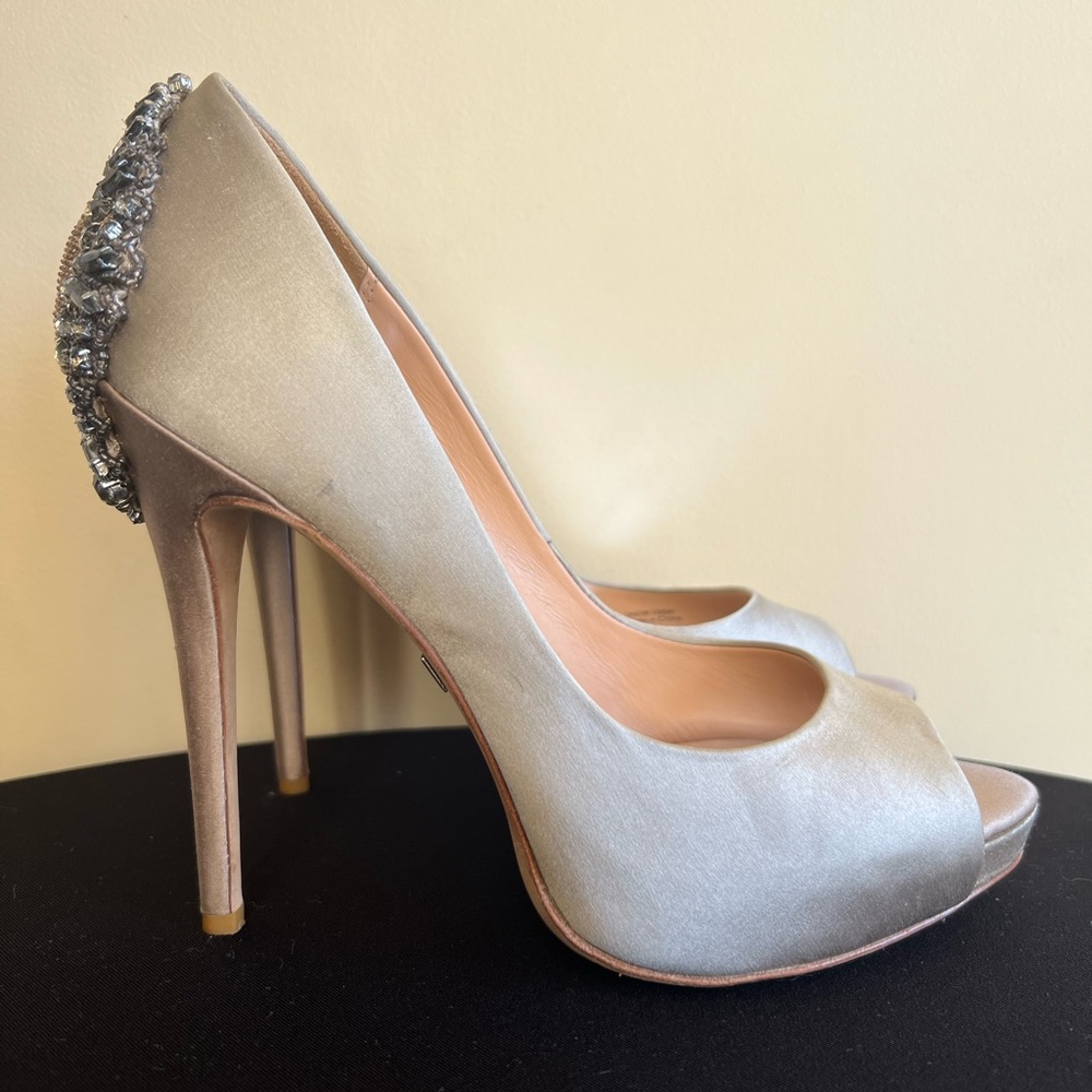 Badgley Mischka Latte Satin Embellished Peep Toe Heels